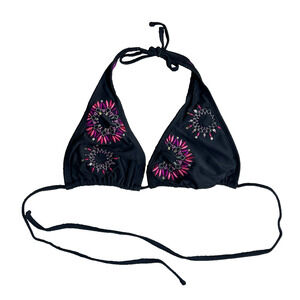 Halter Bikini Top Embroidered Pink Beaded Triangle Swimwear - Black